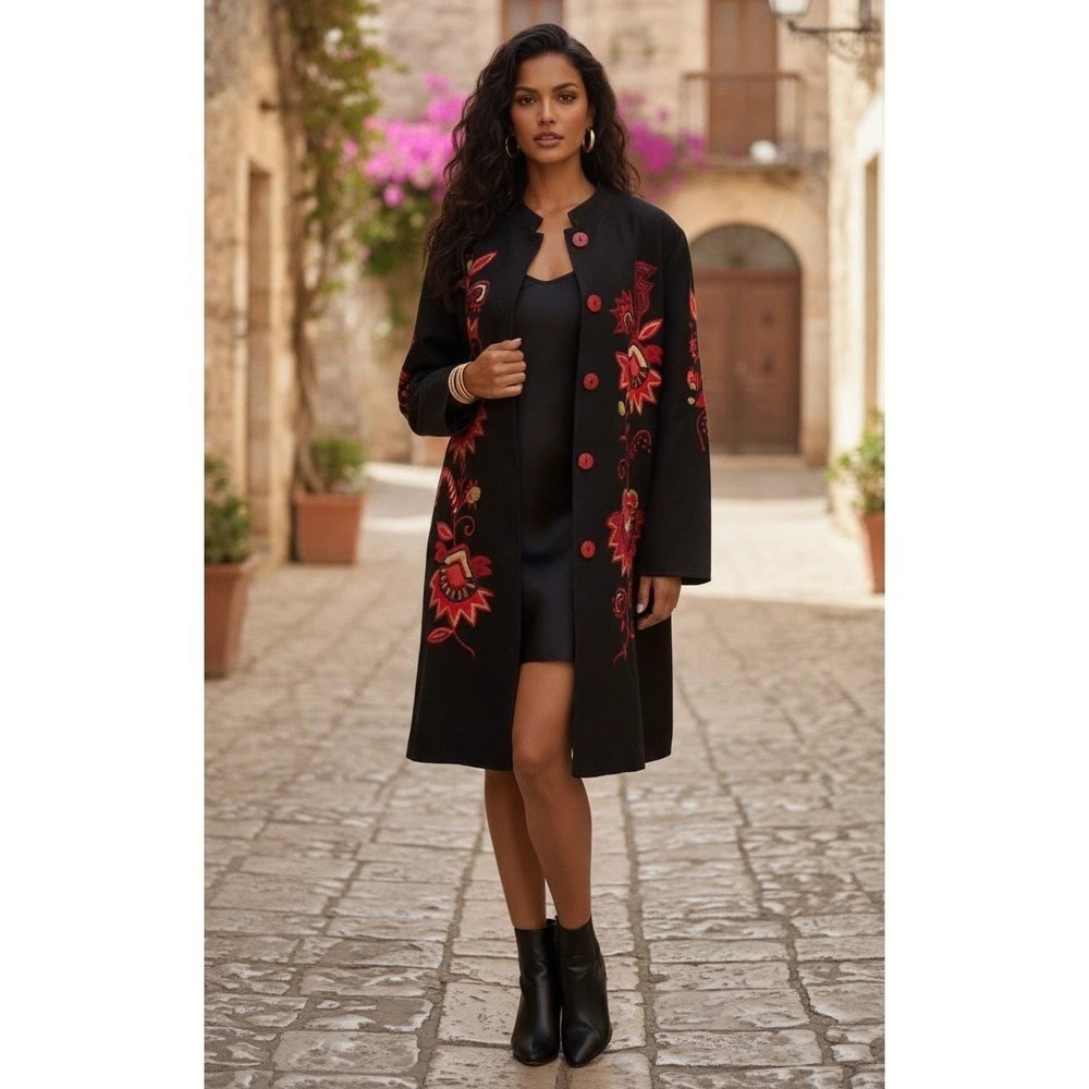Vintage Alex Kim Black Embroidered Coat Jacket Red Floral Button Front 100% Poly